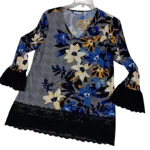 Susan Graver Liquid Knit Blouse Womens L‎ Black/Blue Floral Boho Chiffon Ruffle